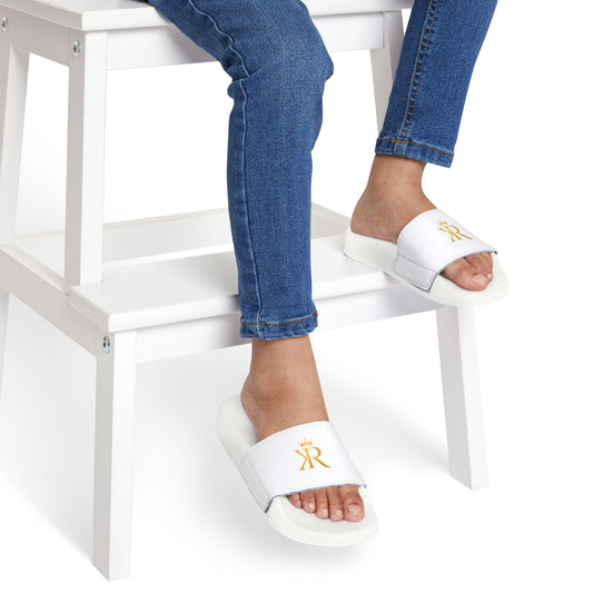 Youth Slide Sandals - White Removable-Strap Slides with Gold Monogram