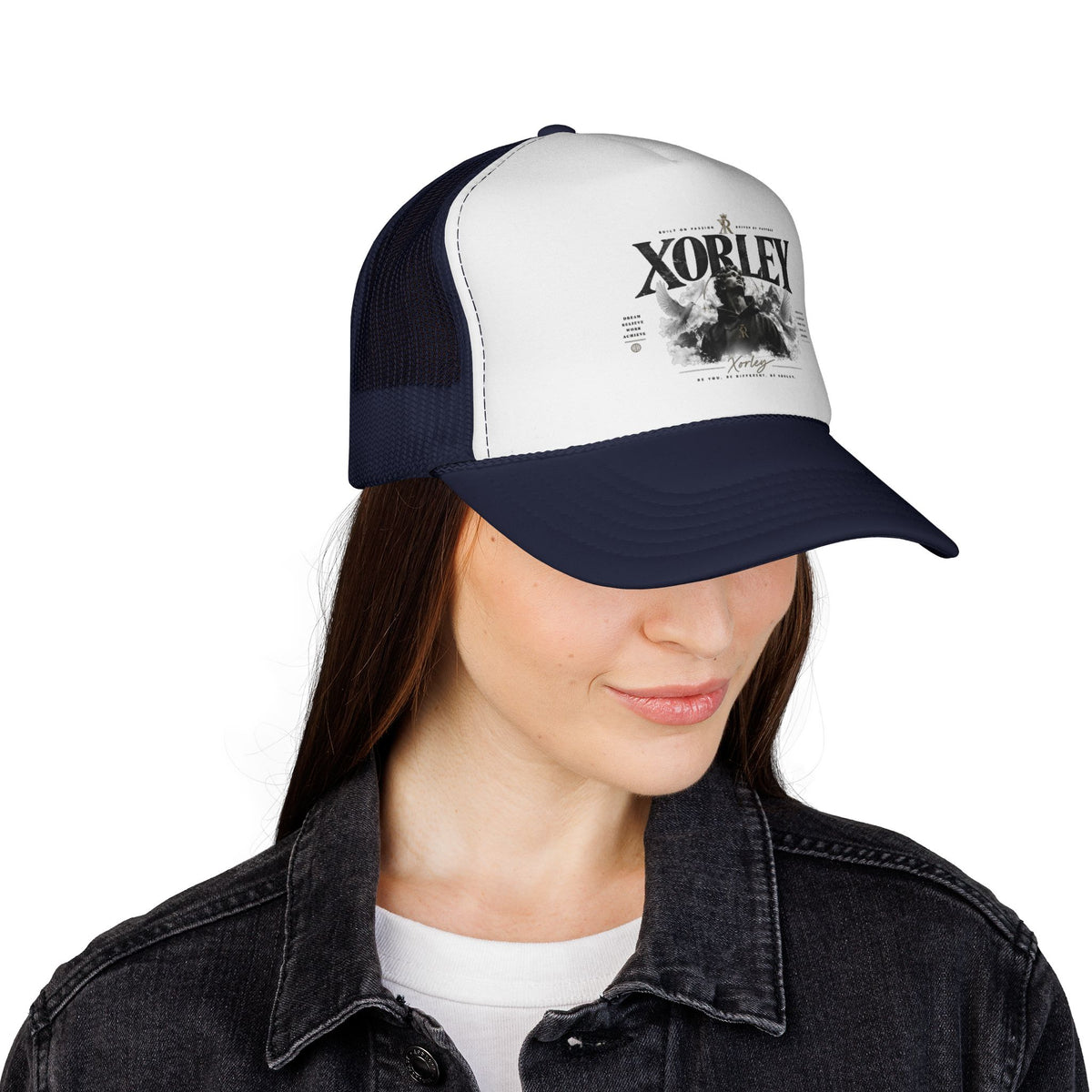 Xorley Graphic Trucker Hat — Vintage Monochrome Logo Cap for Streetwear & Festivals