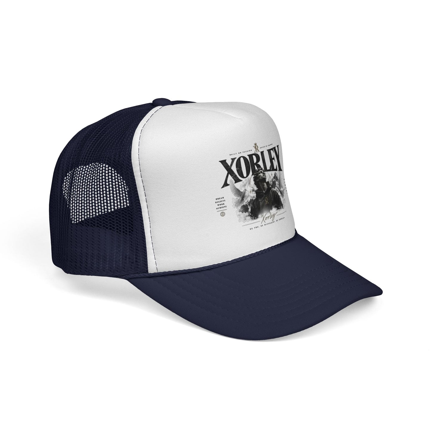 Xorley Graphic Trucker Hat — Vintage Monochrome Logo Cap for Streetwear & Festivals
