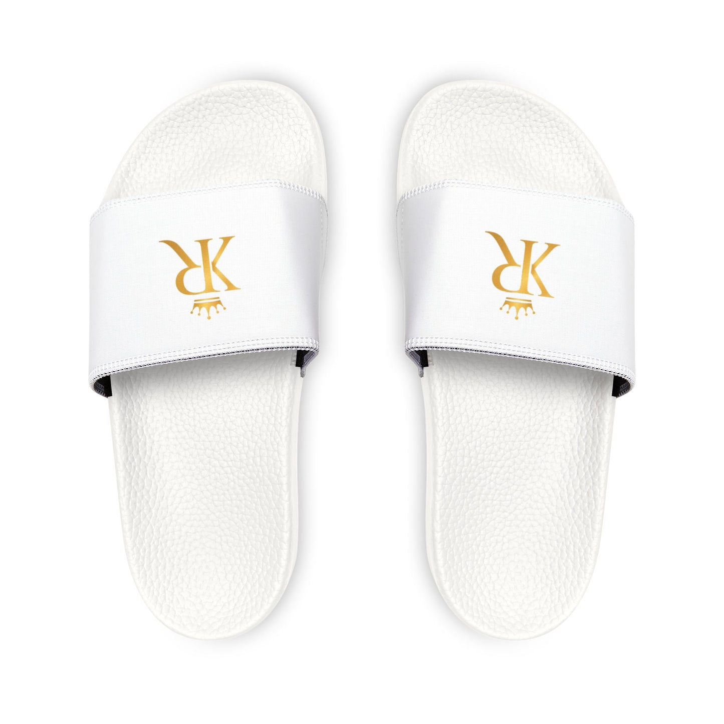 Youth Slide Sandals - White Removable-Strap Slides with Gold Monogram