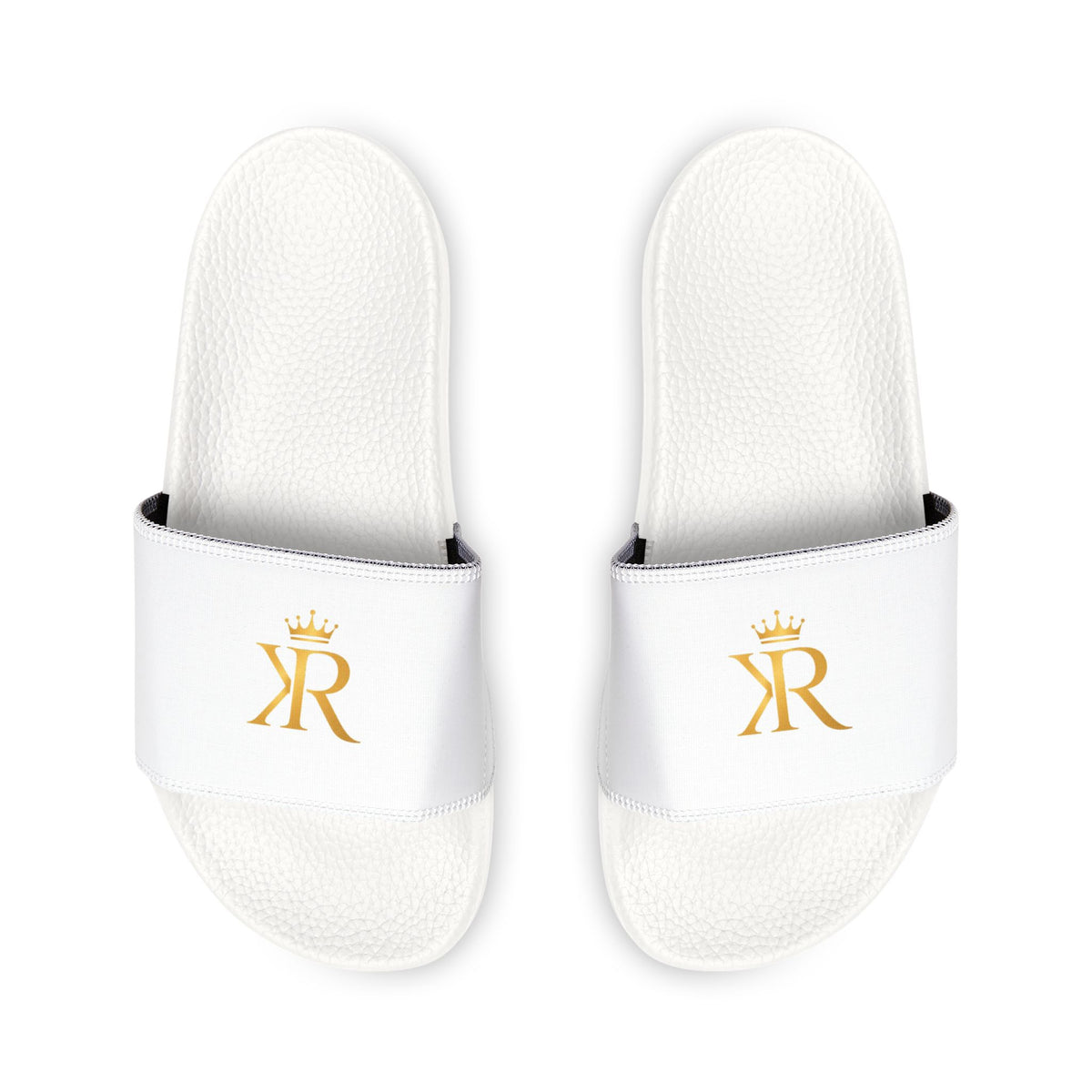 Youth Slide Sandals - White Removable-Strap Slides with Gold Monogram