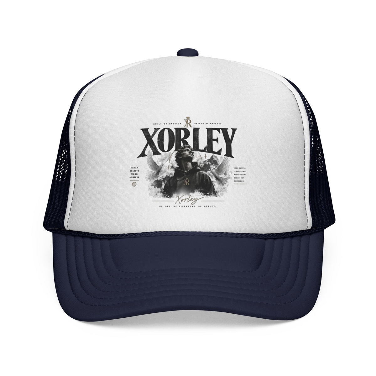 Xorley Graphic Trucker Hat — Vintage Monochrome Logo Cap for Streetwear & Festivals