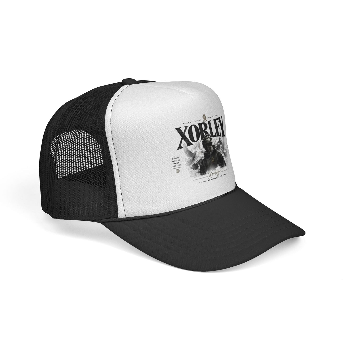 Xorley Graphic Trucker Hat — Vintage Monochrome Logo Cap for Streetwear & Festivals