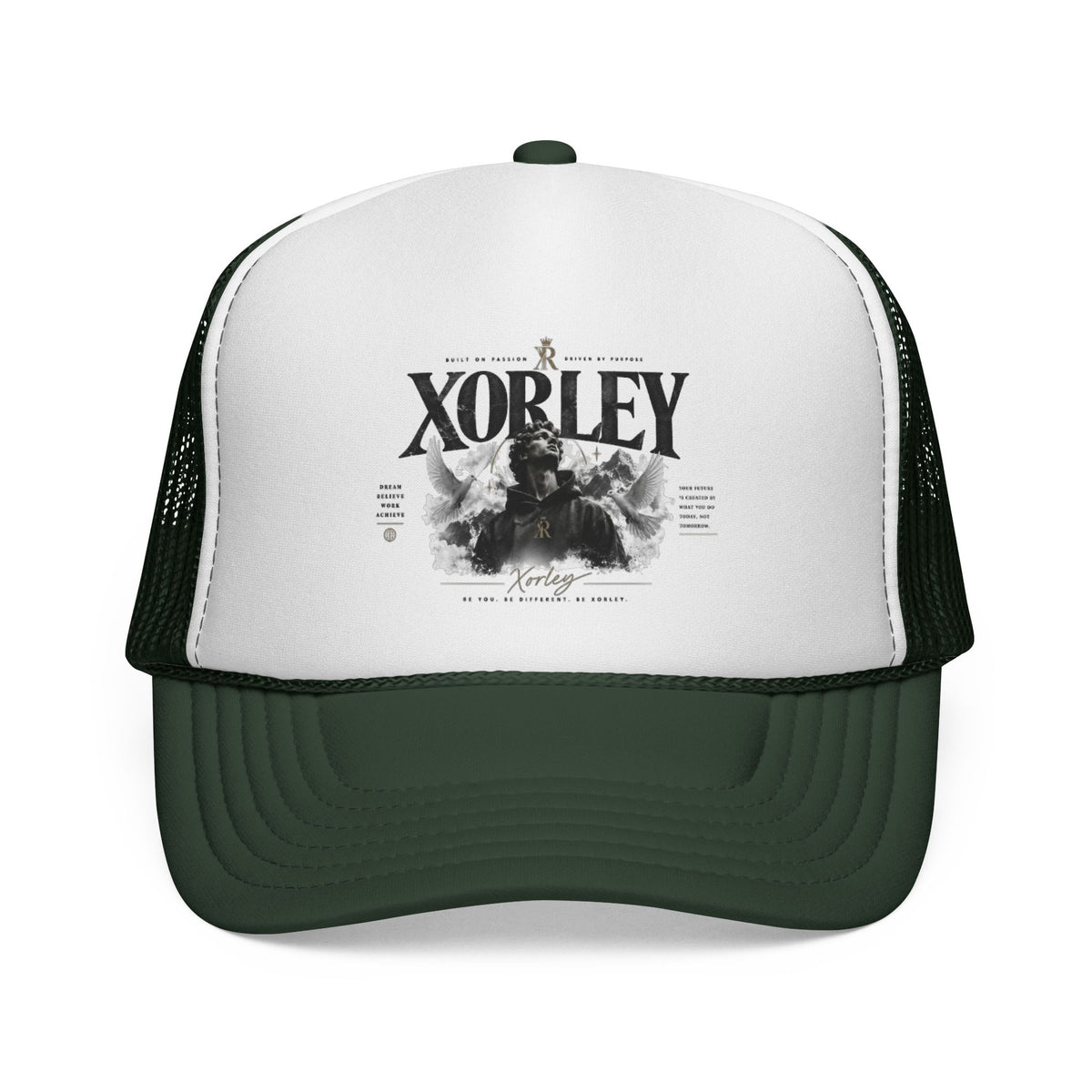 Xorley Graphic Trucker Hat — Vintage Monochrome Logo Cap for Streetwear & Festivals