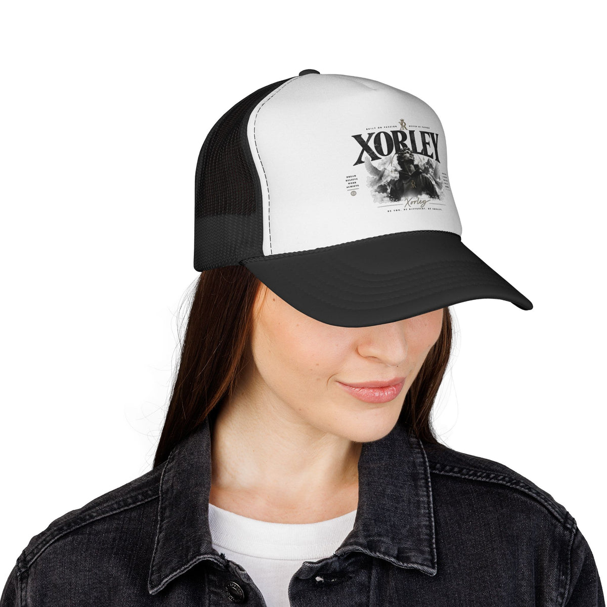 Xorley Graphic Trucker Hat — Vintage Monochrome Logo Cap for Streetwear & Festivals