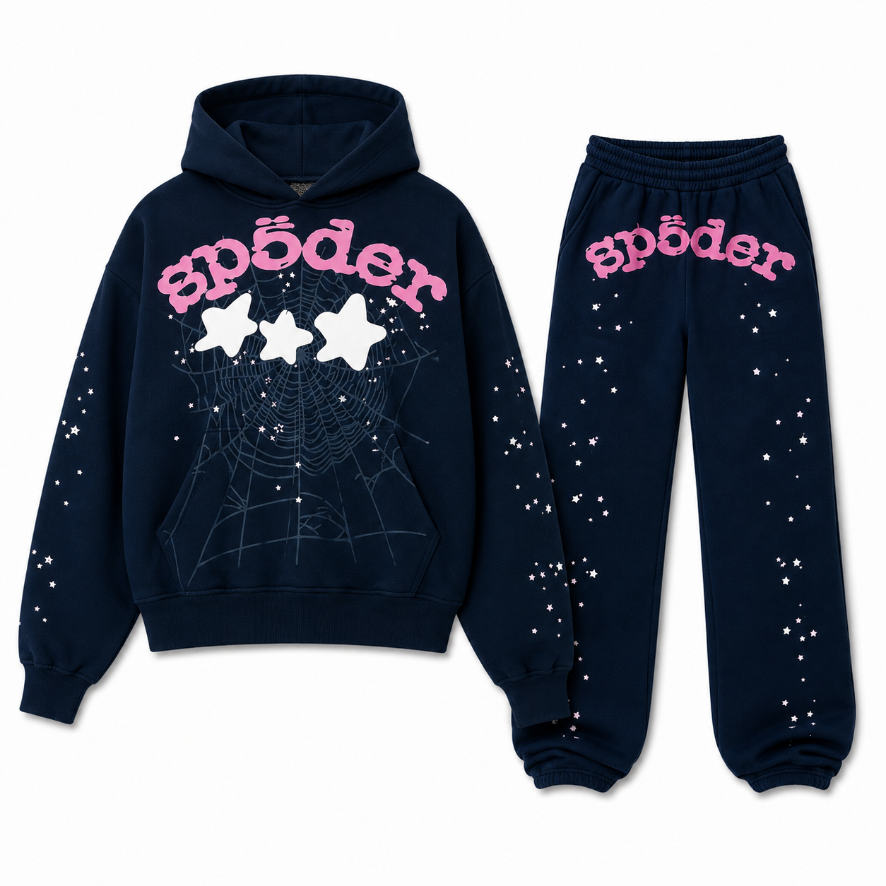 Sp5der Graphic Hoodie & Sweatpants Set – Navy Blue