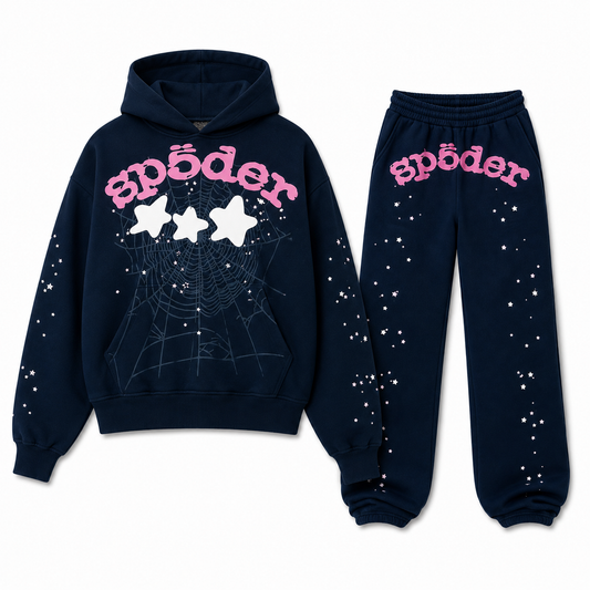 Sp5der Graphic Hoodie & Sweatpants Set – Navy Blue