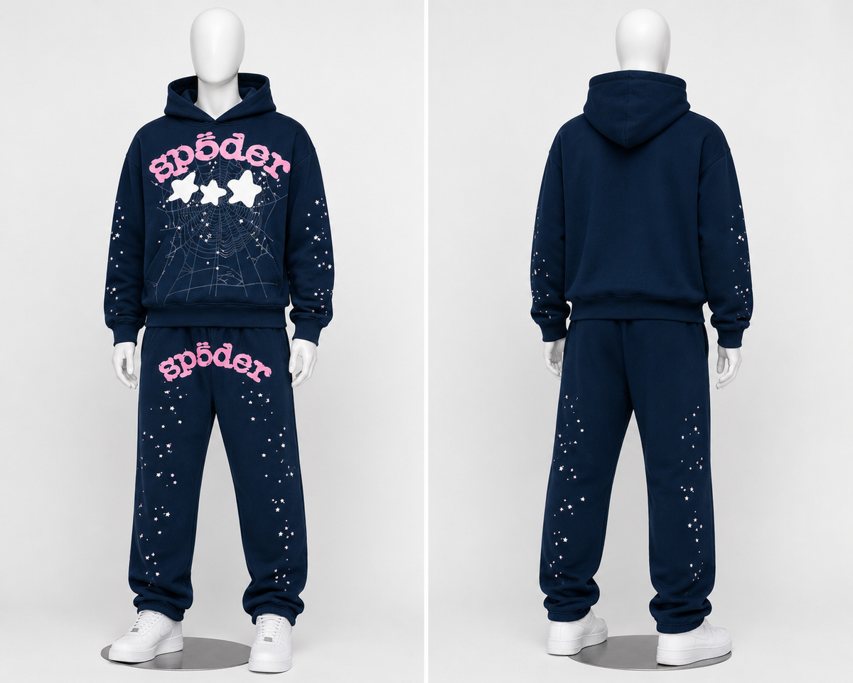 Sp5der Graphic Hoodie & Sweatpants Set – Navy Blue